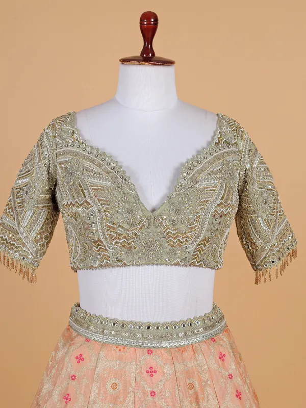 Peach banarasi silk lehenga choli with dupatta