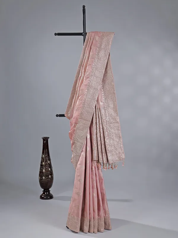 Peach banarasi silk saree for wedding wear