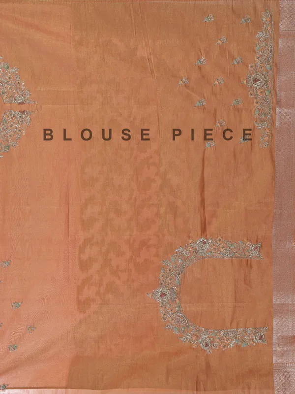 Peach banarasi silk saree with unstitched blouse