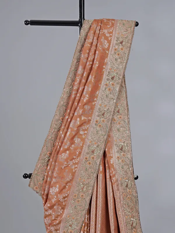 Peach banarasi silk saree with unstitched blouse