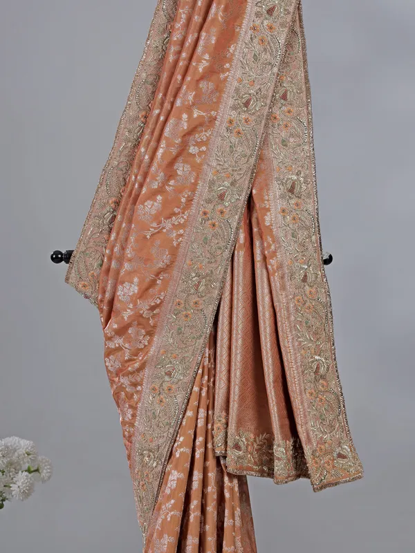Peach banarasi silk saree with unstitched blouse
