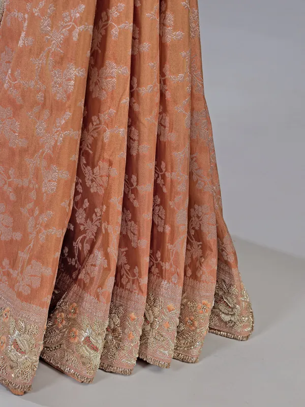 Peach banarasi silk saree with unstitched blouse