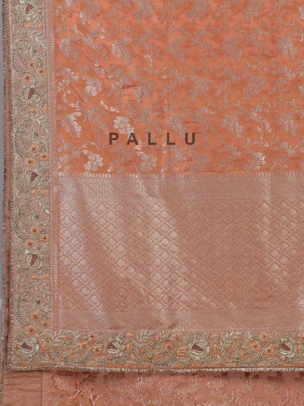Peach banarasi silk saree with unstitched blouse