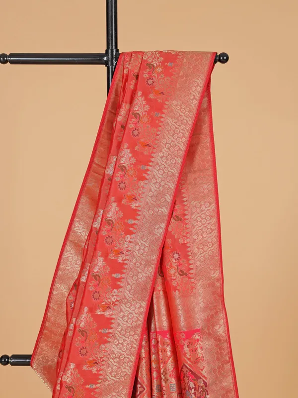 Peach banarasi silk zari weaving saree for women