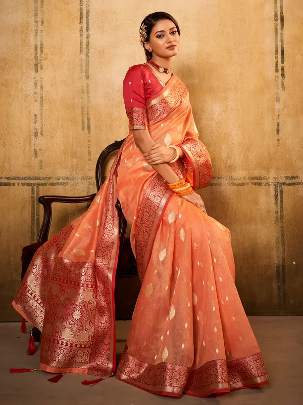 Peach banarasi tissue silk saree