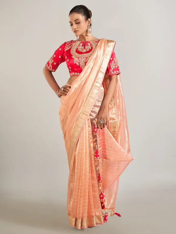 Peach banarasi tissue silk wedding wear saree