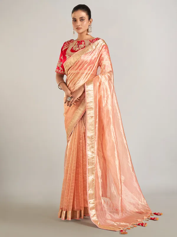 Peach banarasi tissue silk wedding wear saree