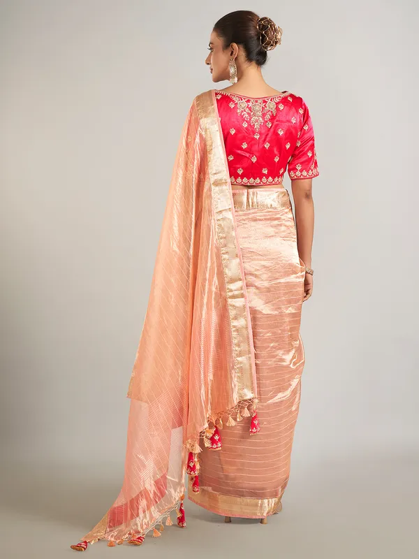 Peach banarasi tissue silk wedding wear saree