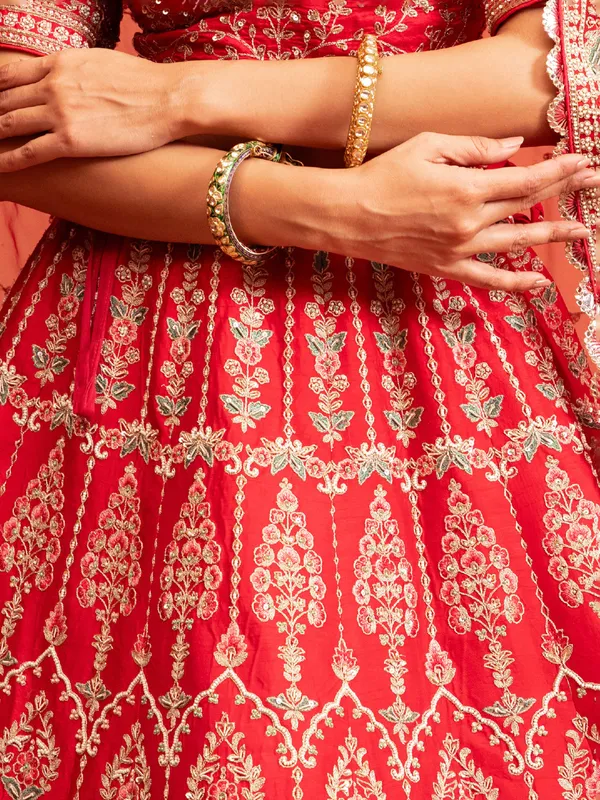 Peach bridal lehenga choli with elbow sleeves