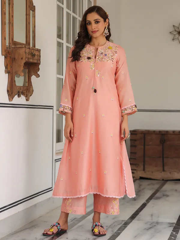 Peach chanderi silk kurti set for festive