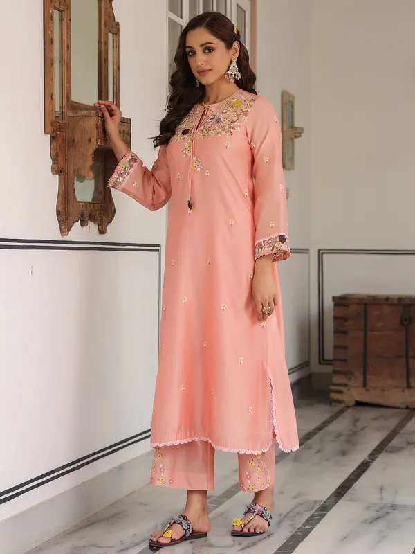 Peach chanderi silk kurti set for festive