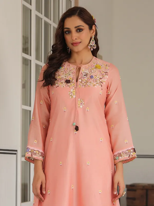Peach chanderi silk kurti set for festive