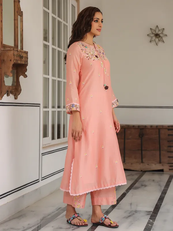 Peach chanderi silk kurti set for festive