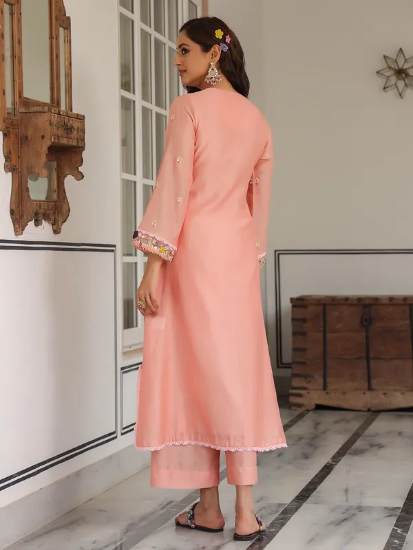 Peach chanderi silk kurti set for festive