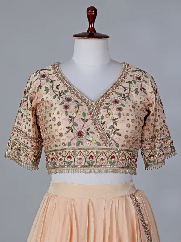Peach chiffon silk V neck designer lehenga choli