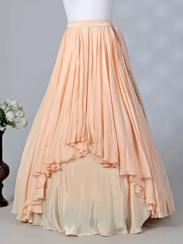 Peach chiffon silk V neck designer lehenga choli
