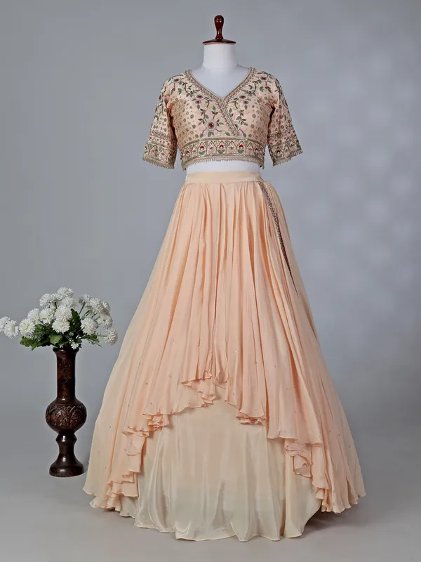Peach chiffon silk V neck designer lehenga choli
