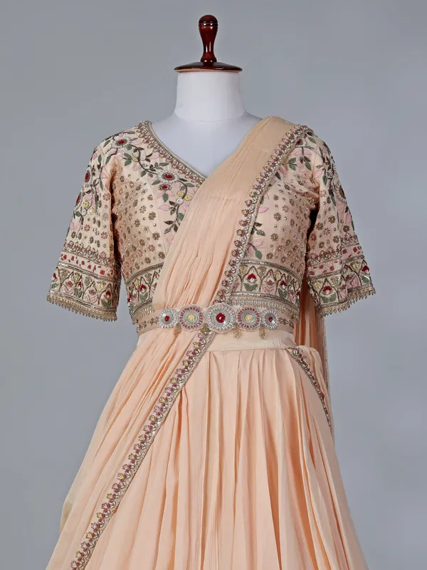 Peach chiffon silk V neck designer lehenga choli