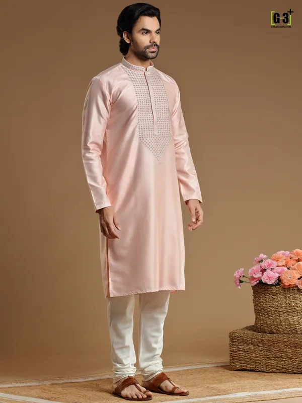 Peach color kurta suit in cotton silk for men