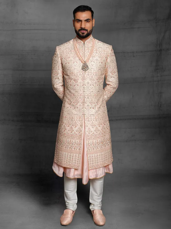 Peach color latest sherwani in silk fabric