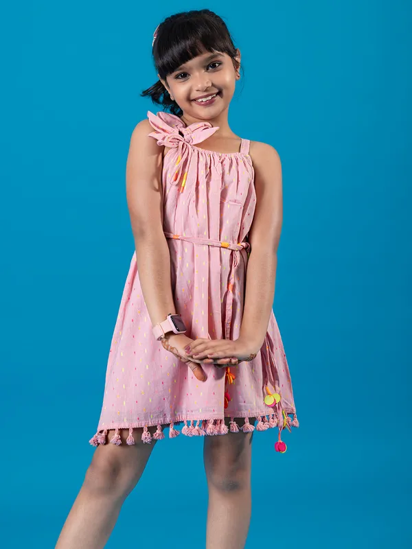 Peach cotton casual wear frock for girls