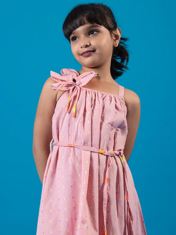 Peach cotton casual wear frock for girls