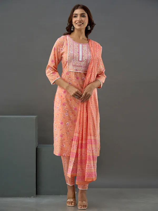 Peach cotton floral printed kurti set