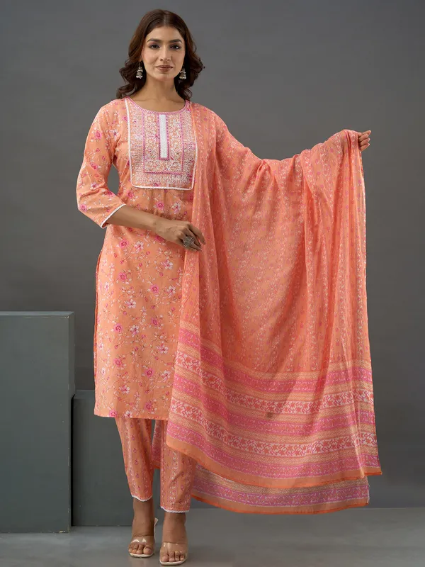 Peach cotton floral printed kurti set