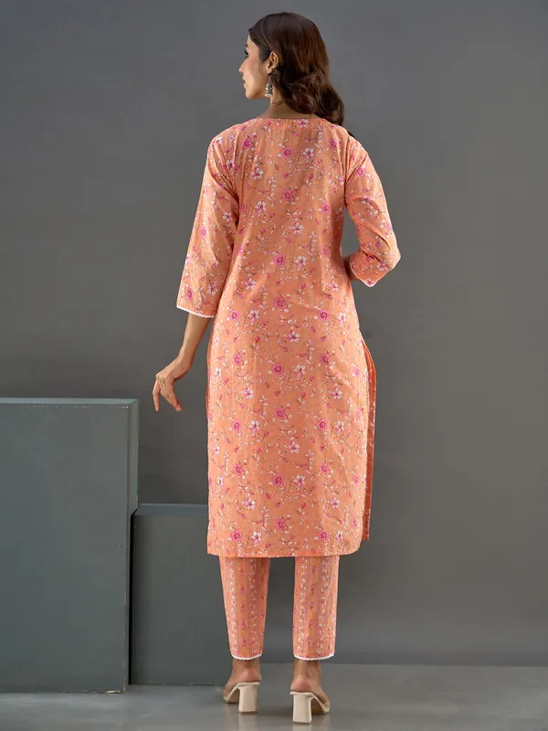 Peach cotton floral printed kurti set