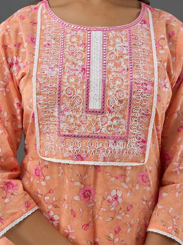 Peach cotton floral printed kurti set