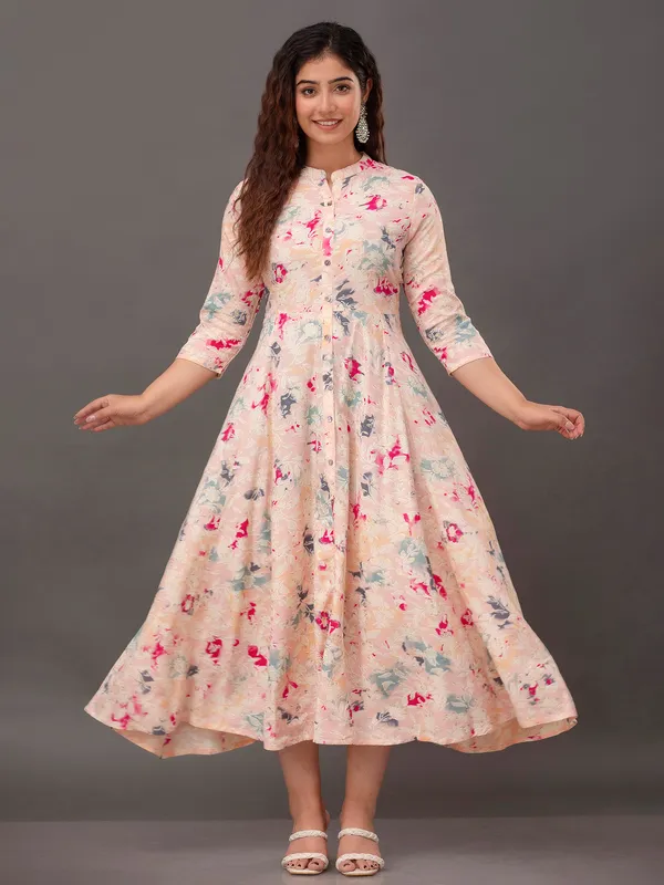 Peach cotton floral printed long kurti