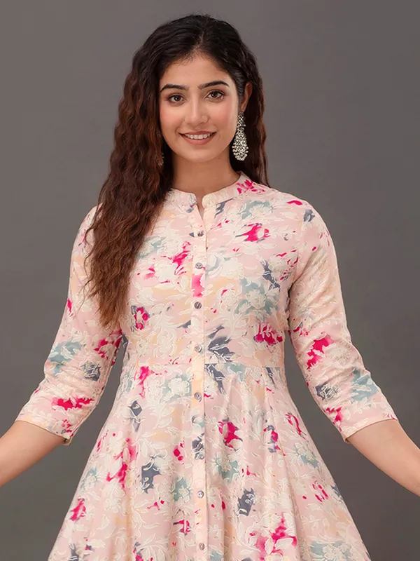 Peach cotton floral printed long kurti