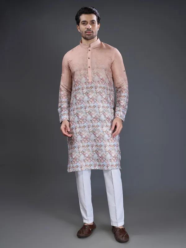 Peach cotton kurta suit for festive with print