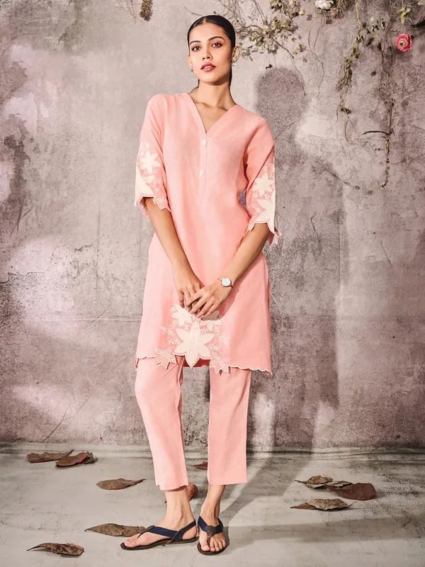 Peach cotton kurti set for casual wear