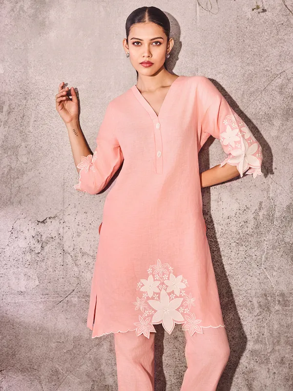 Peach cotton kurti set for casual wear