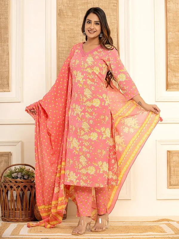 Peach cotton kurti set with dupatta