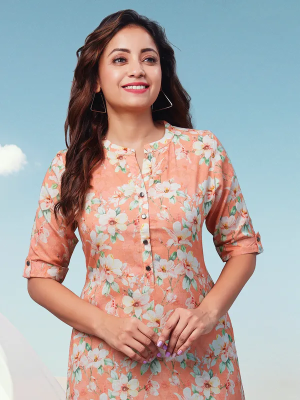 Peach cotton kurti with print