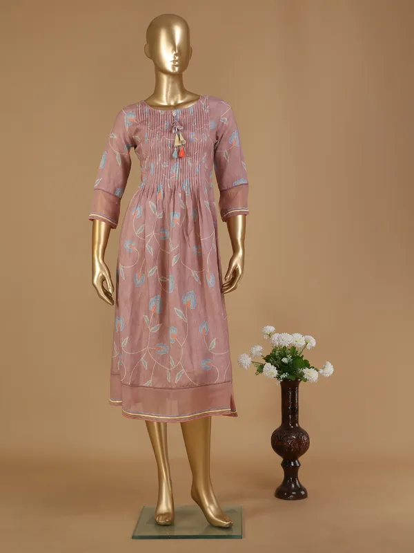 Peach cotton long printed kurti