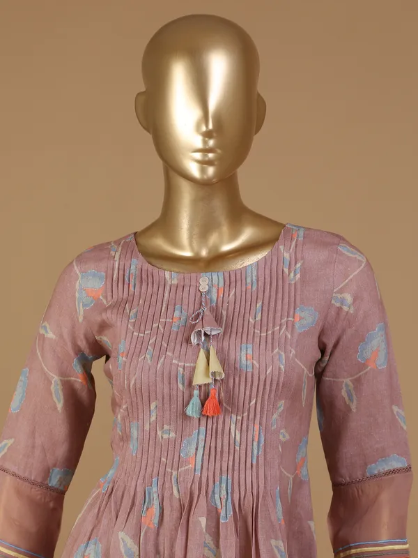 Peach cotton long printed kurti