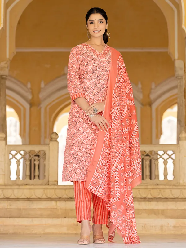 Peach cotton print kurti set with dupatta