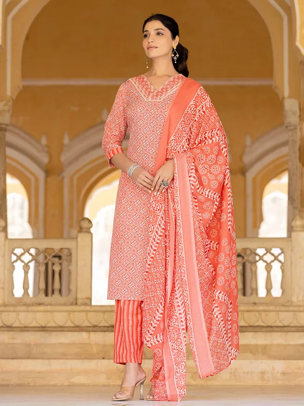 Peach cotton print kurti set with dupatta