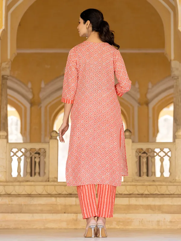 Peach cotton print kurti set with dupatta