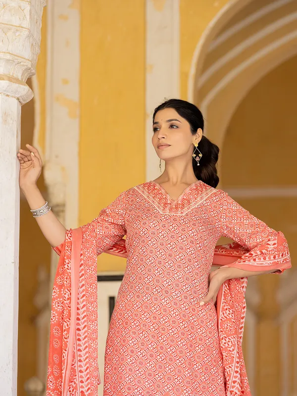 Peach cotton print kurti set with dupatta