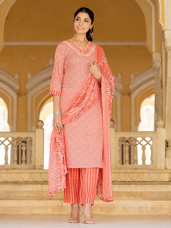 Peach cotton print kurti set with dupatta