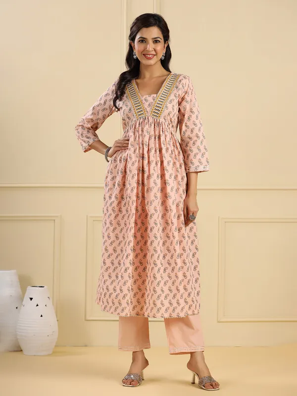 Peach cotton printed casual kurti set