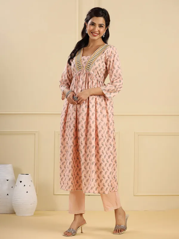 Peach cotton printed casual kurti set