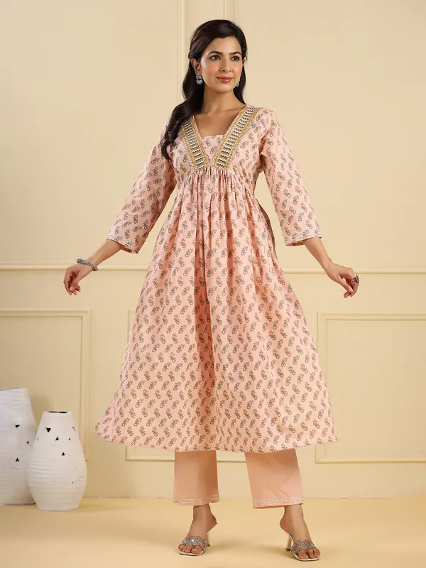 Peach cotton printed casual kurti set