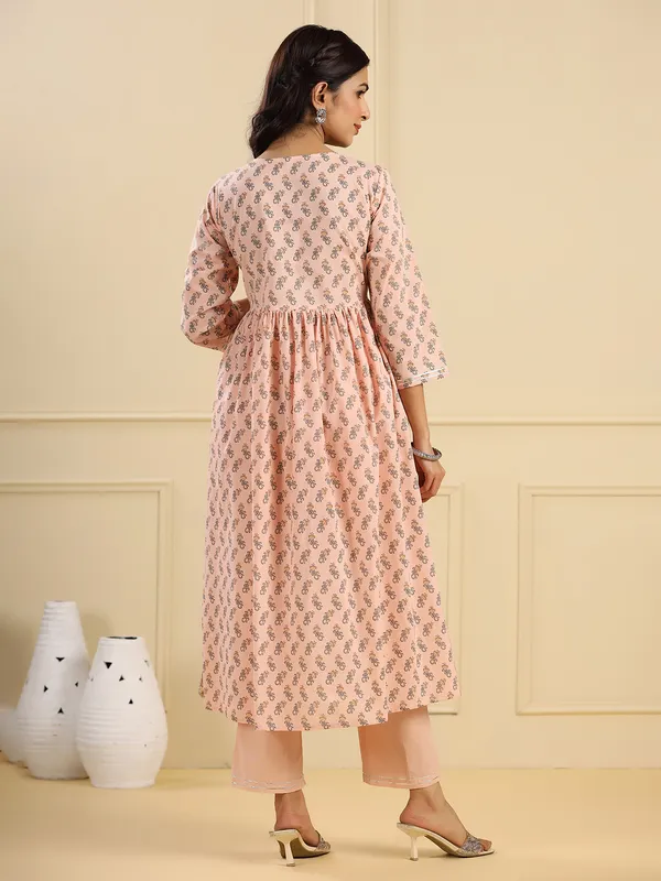 Peach cotton printed casual kurti set