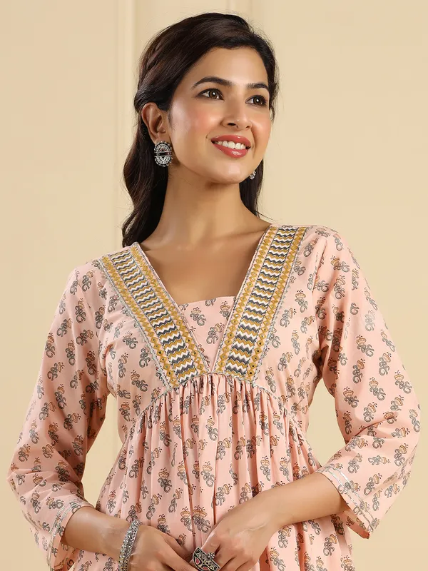 Peach cotton printed casual kurti set