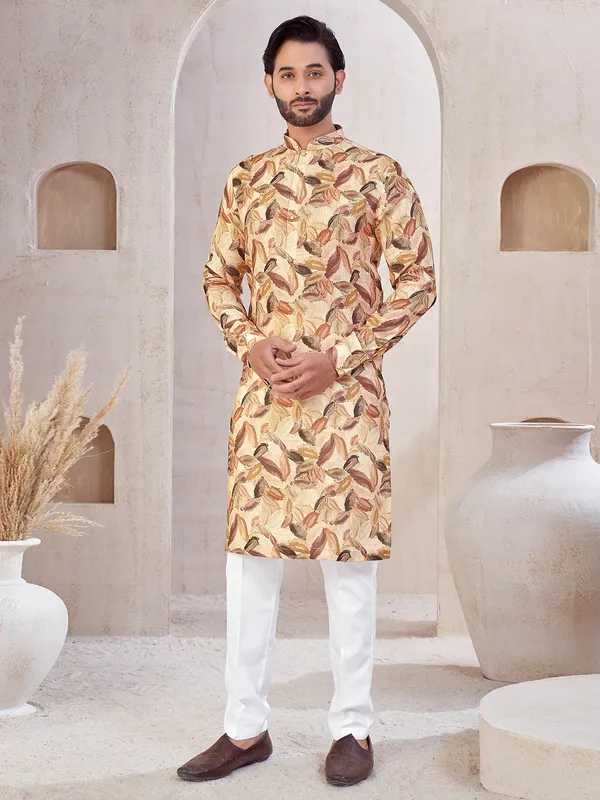 Peach cotton printed kurta suit for festivals